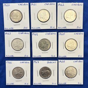 Almost Uncirculated Mint Set of 9 Silver 1960 to 1968 25¢ Canada Quarters!